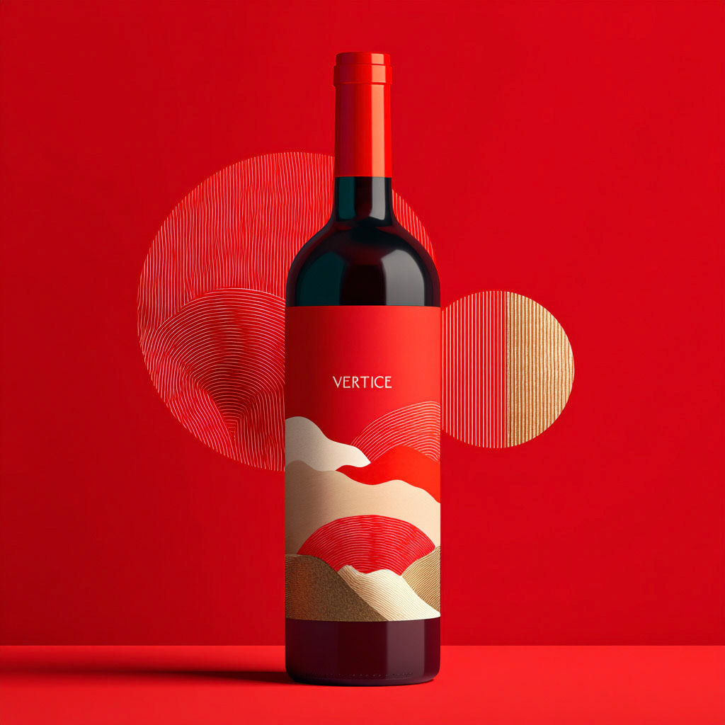 V√âRTICE red wine bottle. Minimalist style --profile epn97ui --v 7 Job ID: 78d26c71-0722-4148-8def-64348b6eb2ff
