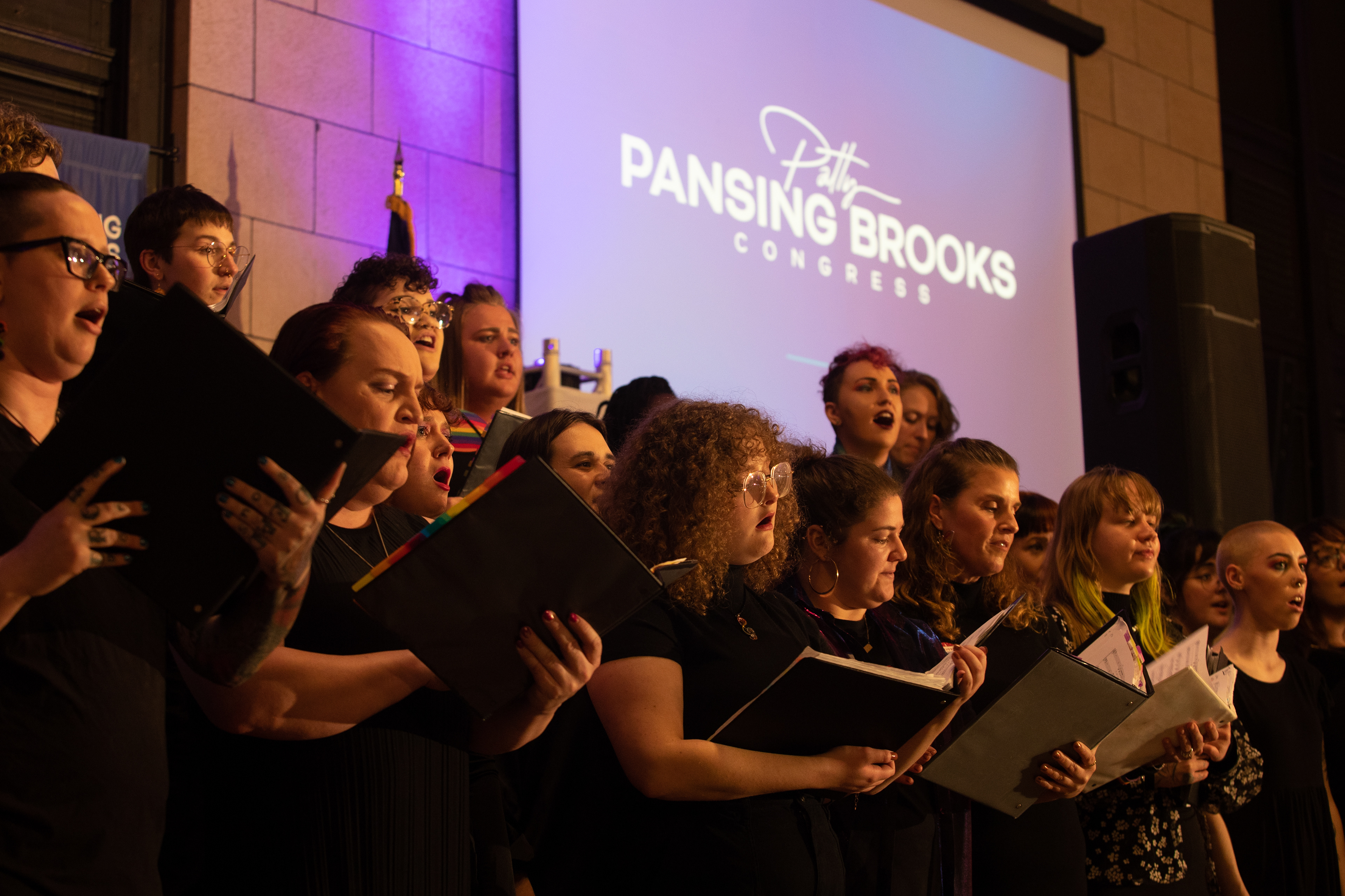 The Lincoln Queer Choir performs at Patty Pansing Brooks' election night party at Lincoln Station Great Hall on Nov. 8, 2022. (Nebraska News Service / Naomi Delkamiller)
