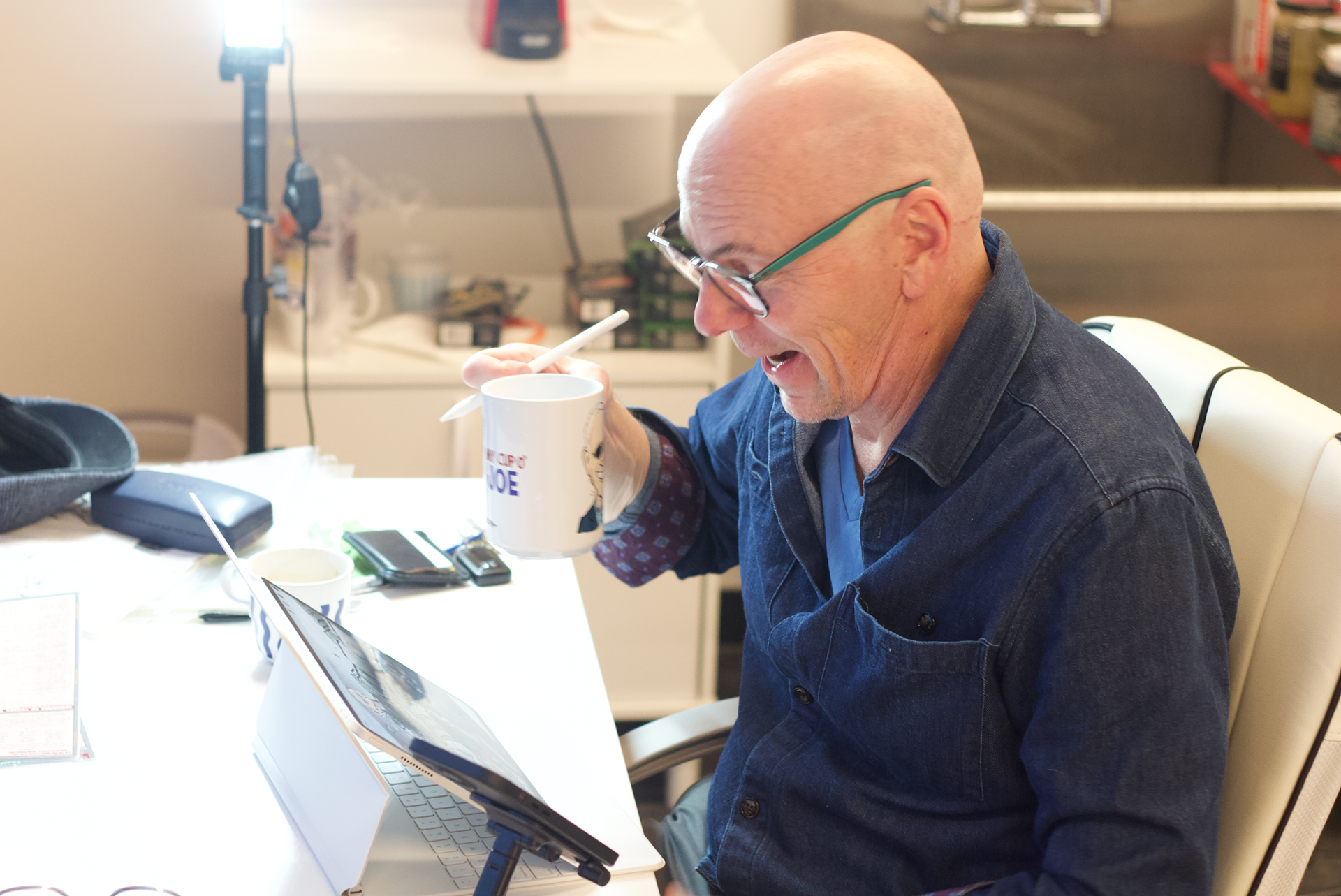 Koterba sips his coffee while looking at his past work. He smiles at a cartoon he made at the start of the pandemic. “I certainly poke fun when necessary—at those from across the political spectrum. But I also try to bring a little joy, too, by commenting on the stuff that we humans must face on a regular basis, especially in these trying times,” Koterba said.