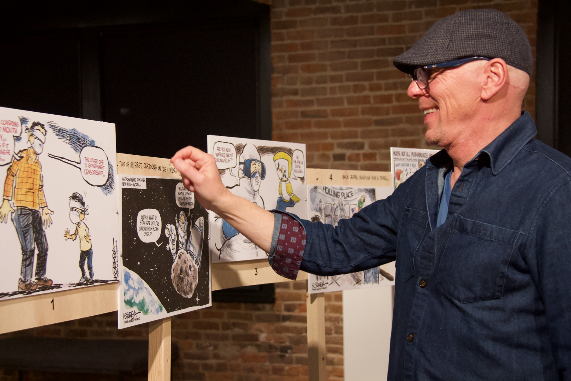 Koterba stands in front of his first pandemic cartoon and laughs. “At first I thought ‘Oh, I guess I’ll be drawing about this for a couple of days,’” Koterba said. The pandemic has been a subject in his cartoons for almost two years now.