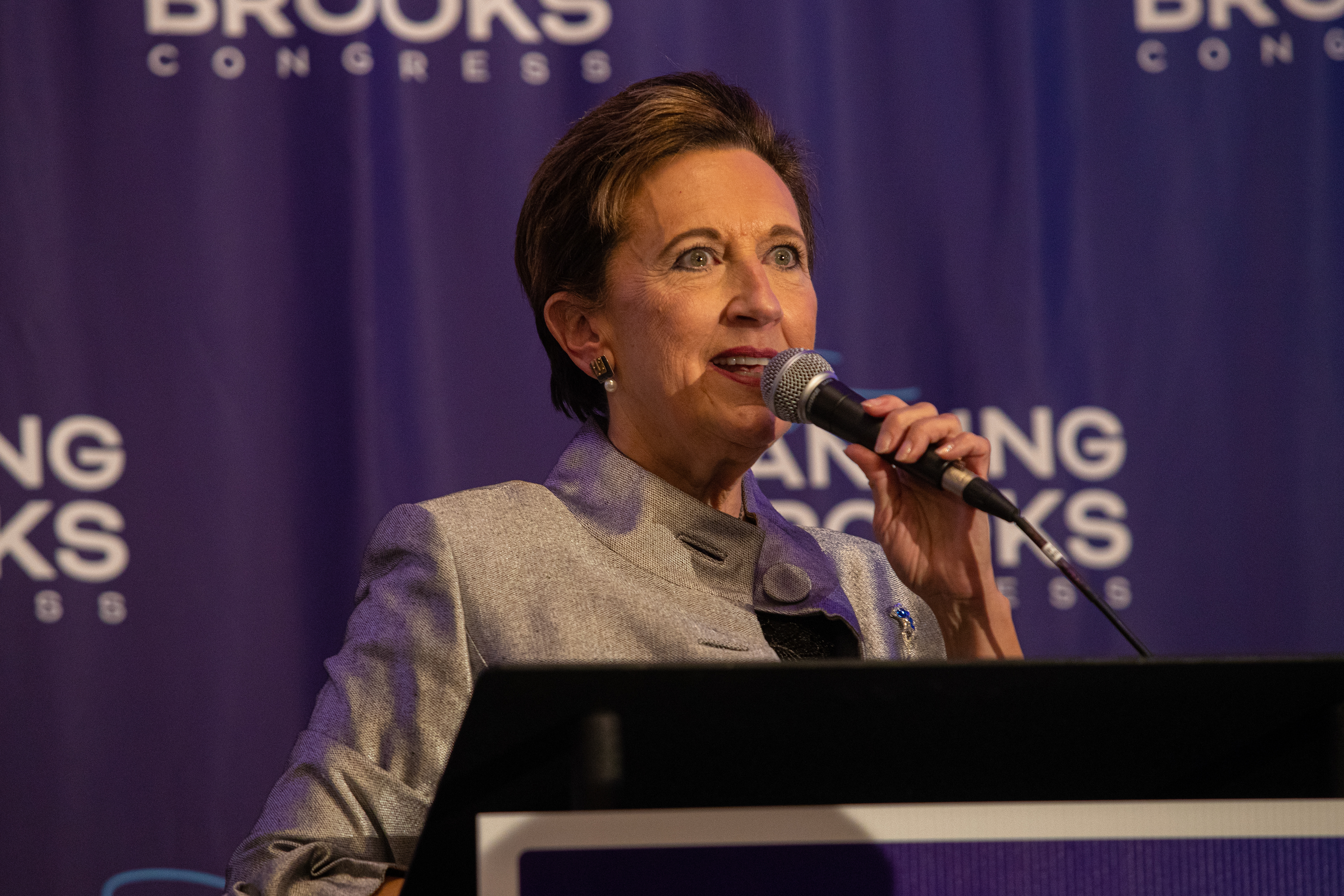 Patty Pansing Brooks takes the stage to thank her campaign staff during her election night party at Lincoln Station Great Hall on Nov. 8, 2022. (Nebraska News Service / Naomi Delkamiller)