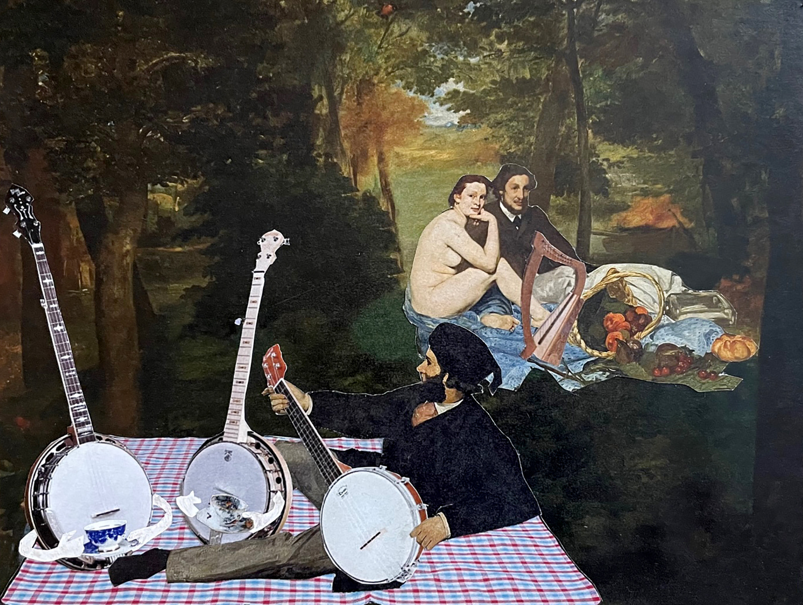 Vianny Nolasco | Paradox Project | Students were asked to select a nonsense sentence from the Random Surrealism Generator ( https://www.ravenblack.net/random/surreal.html ) and make a collage based on the sentence. Vianny’s sentence was “I wish you wouldn't go for a picnic with those banjos.”