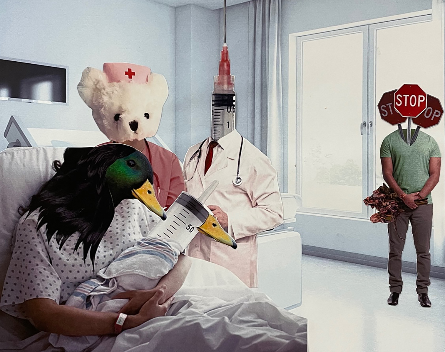 Tessa Michael | Paradox Project | Students were asked to select a nonsense sentence from the Random Surrealism Generator ( https://www.ravenblack.net/random/surreal.html ) and make a collage based on the sentence. Tessa's sentence was “Your mother is a mallard, and your father smells of stop signs.”