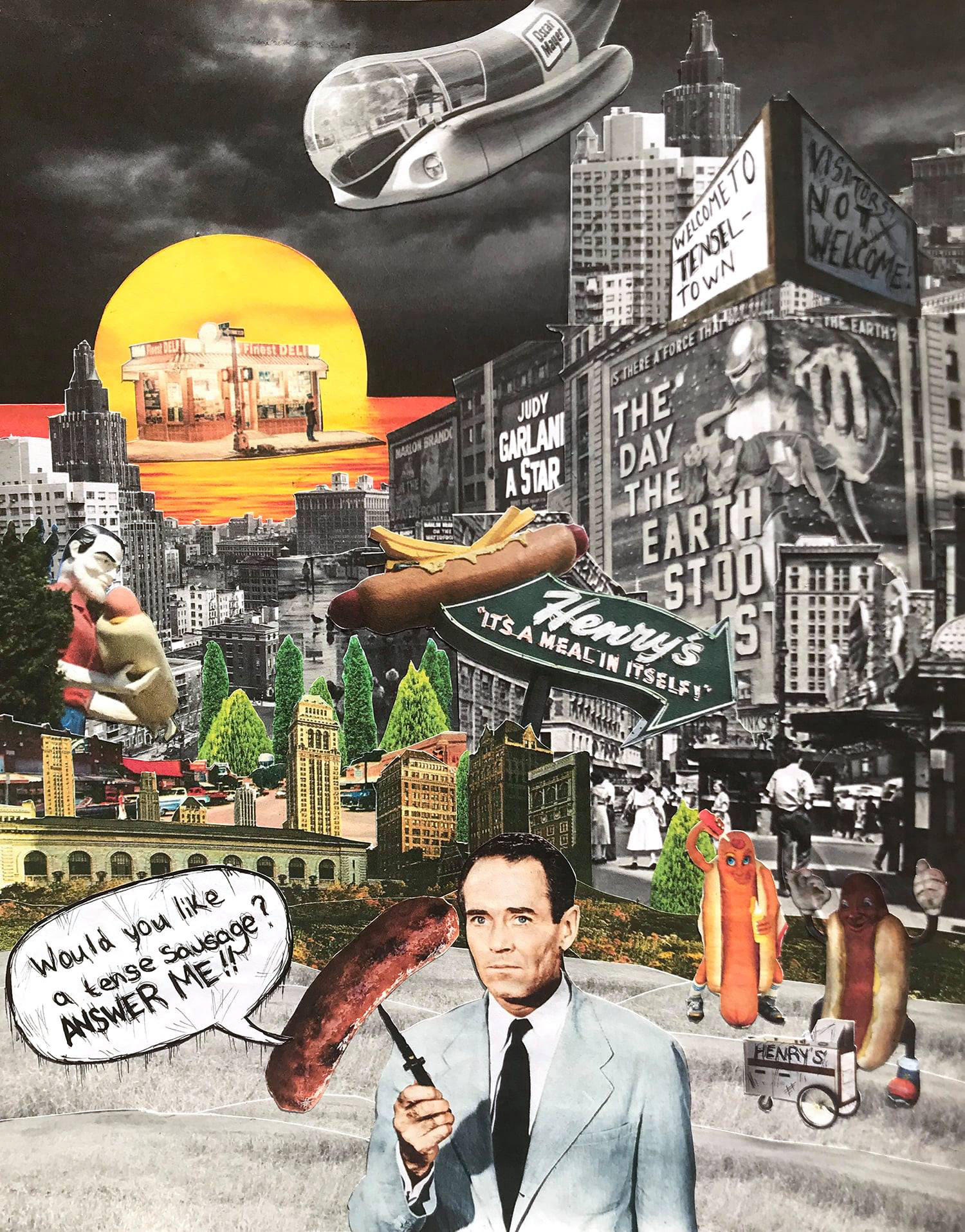 Brianna Womack | Paradox Project | Students were asked to select a nonsense sentence from the Random Surrealism Generator ( https://www.ravenblack.net/random/surreal.html ) and make a collage based on the sentence. Brianna's sentence was "Would you like a tense sausage? Answer me!"