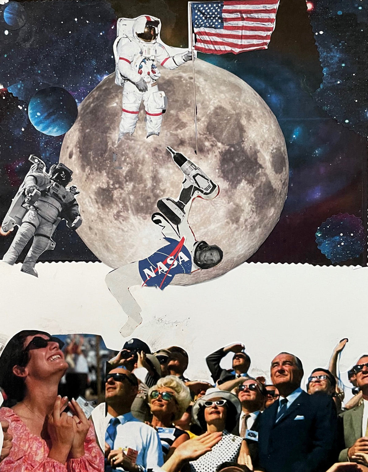 Pooja Joshi | Paradox Project | Students were asked to select a nonsense sentence from the Random Surrealism Generator ( https://www.ravenblack.net/random/surreal.html ) and make a collage based on the sentence. Pooja’s sentence was “Have you seen Neil Armstrong's mucky power drill?”