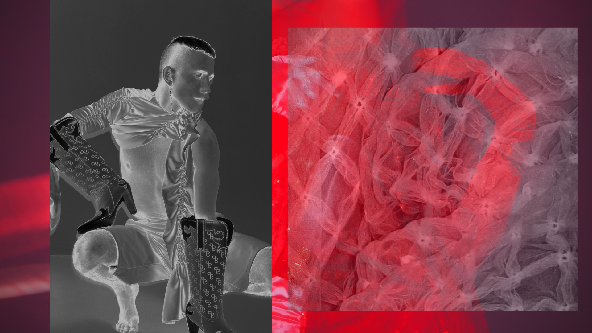 Boris Jelic for LEWIS Magazine photographed by Eliza Georgieva, stylist Laura Takahashi Christiansen, grooming Gabriella Tipsa Bruun. Red, black and white, infrared photography, collage