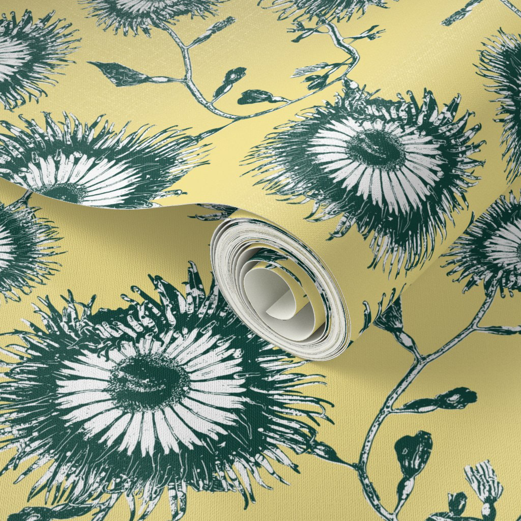 Teal and yellow wallpaper design with sea anemones and kelp