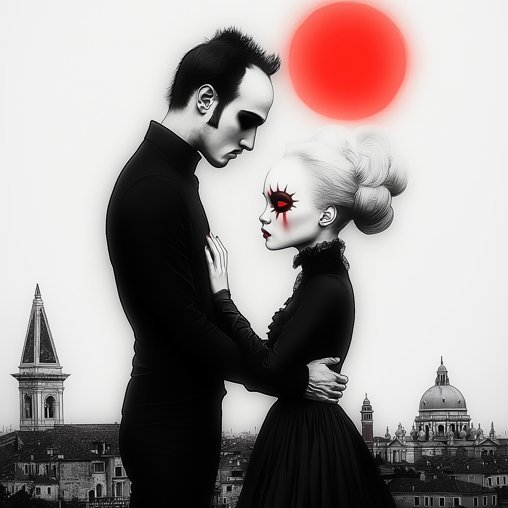 a man standing in front of an oversized head, holding his hand on her shoulder and looking at each other, with Venice landscape in background, red suns rising in sky, vector graphics by Butcher Billy --chaos 10 --ar 1:1 --style raw --profile b8fn35s n5cai9v --v 6.1 Job ID: 98adcc2a-d28d-4394-bed6-c9615fab0601
