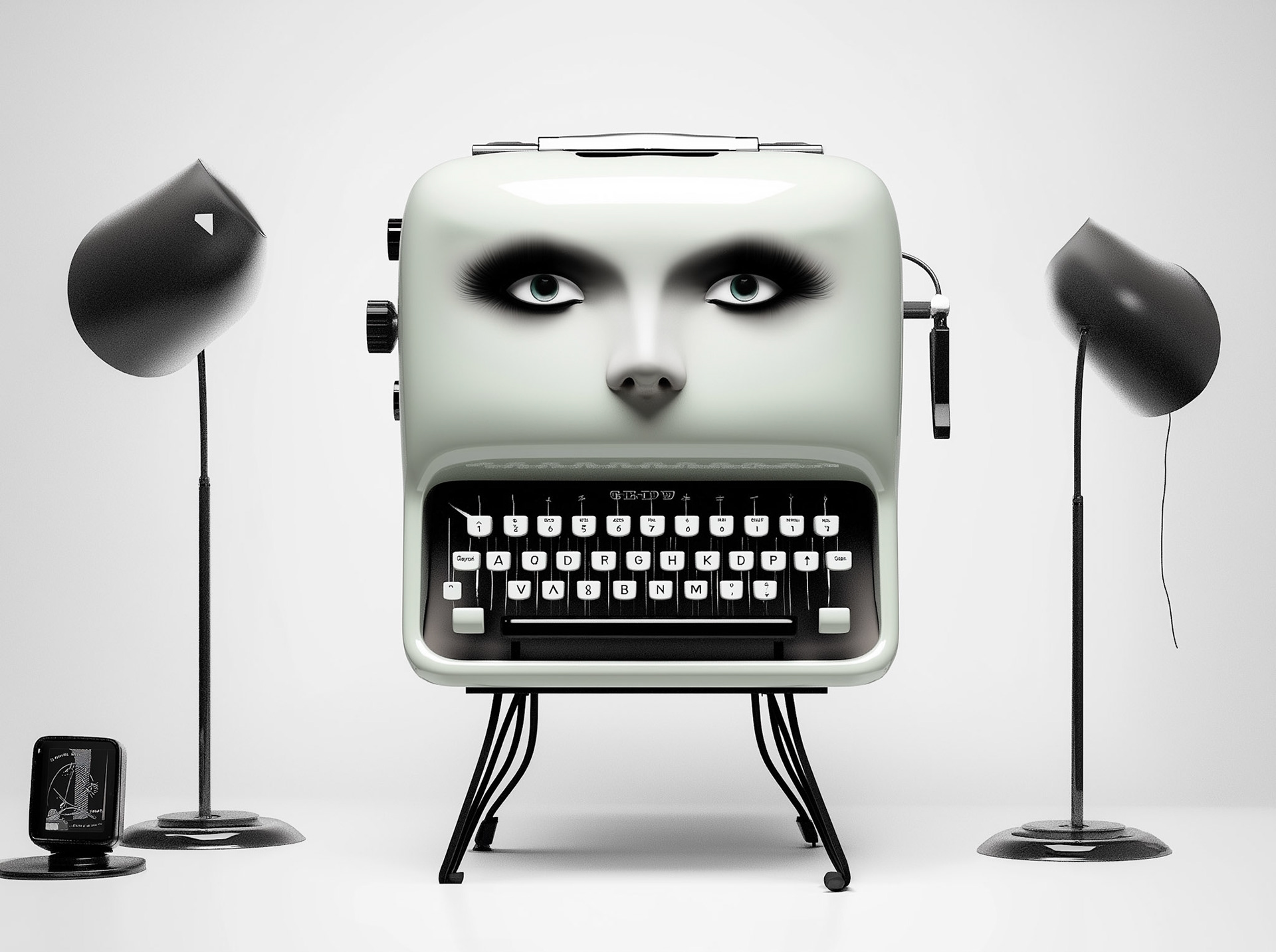 3D render of a green typewriter on a white background, with studio lighting and a front view. The image is vibrant and appears to be high-resolution, created using Octane rendering for a hyper-realistic product photography effect. --chaos 10 --ar 128:95 --style raw --profile b8fn35s n5cai9v --v 6.1 Job ID: 3c3f6333-9fe6-495f-89d2-4e2f7bb1c823