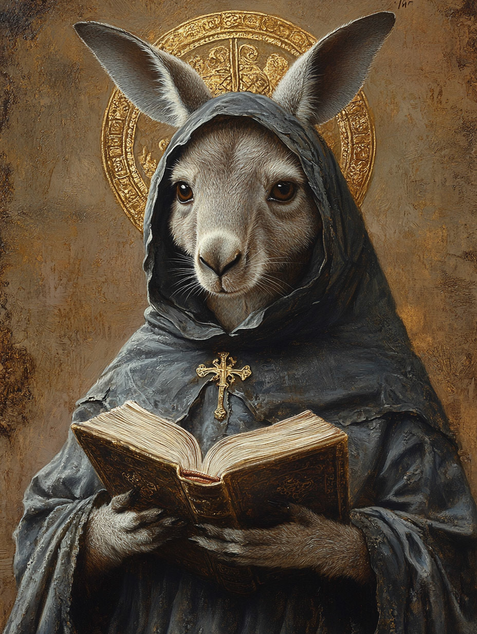 A surreal painting of a kangaroo with human-like features, dressed in a religious habit, complete with a hood and a veil. The kangaroo holds a book in its paws, suggesting a scholarly or spiritual pursuit. Behind the kangaroo is a golden halo, a symbol often associated with saints or holy figures in Christian iconography. The background is a textured, earthy brown, giving the artwork a vintage or aged appearance. --ar 3:4 --stylize 500 --v 6.1 Job ID: fe590411-9f93-4203-91b6-50dc98cdb208