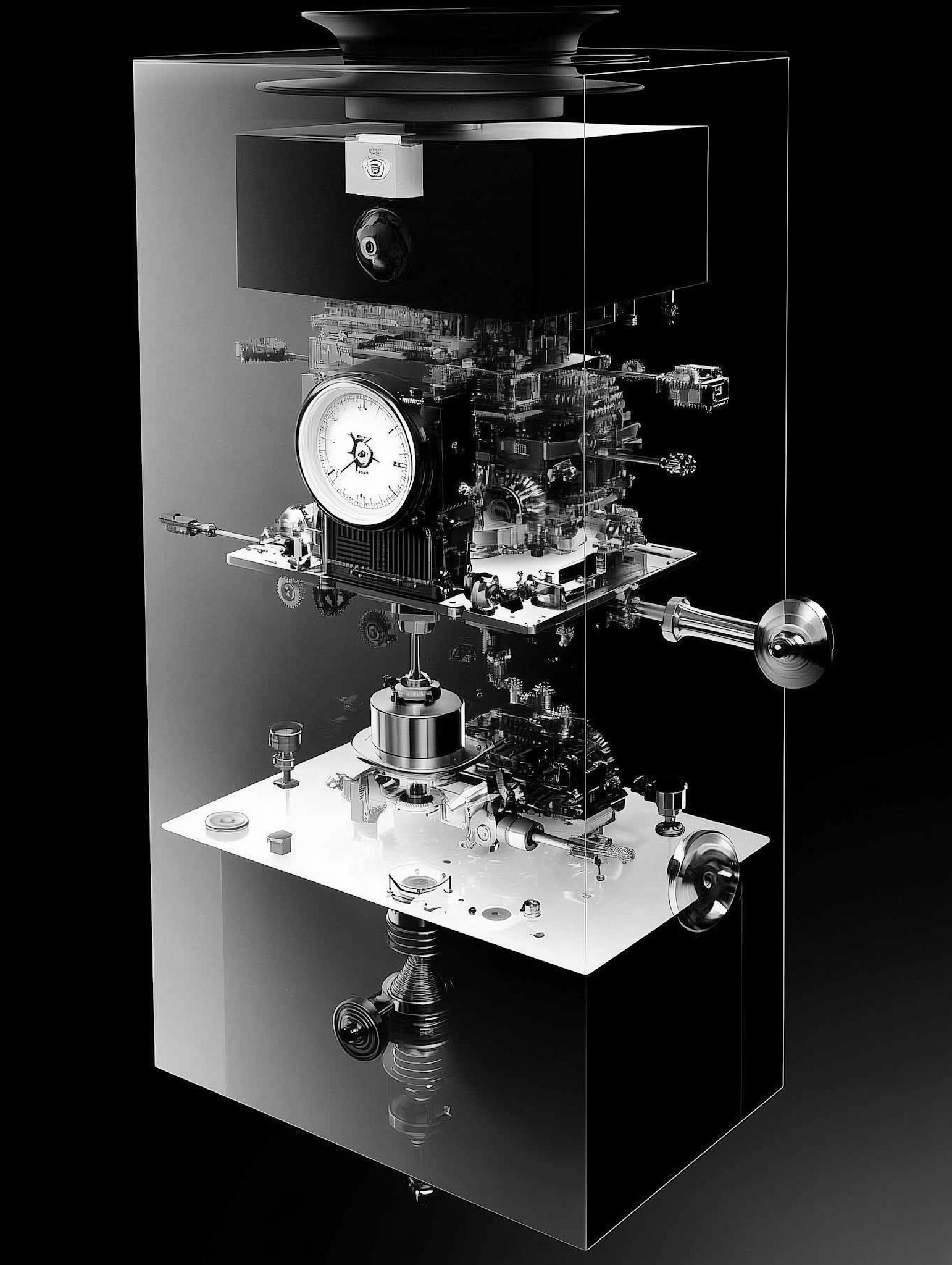 a super complex machine on a black background, made of a a transparent glass material, and a glossy finish --chaos 30 --ar 3:4 --style raw --profile b8fn35s n5cai9v --stylize 500 --v 6.1 Job ID: b8d1845f-910d-41f6-8747-a4b57b93c77b