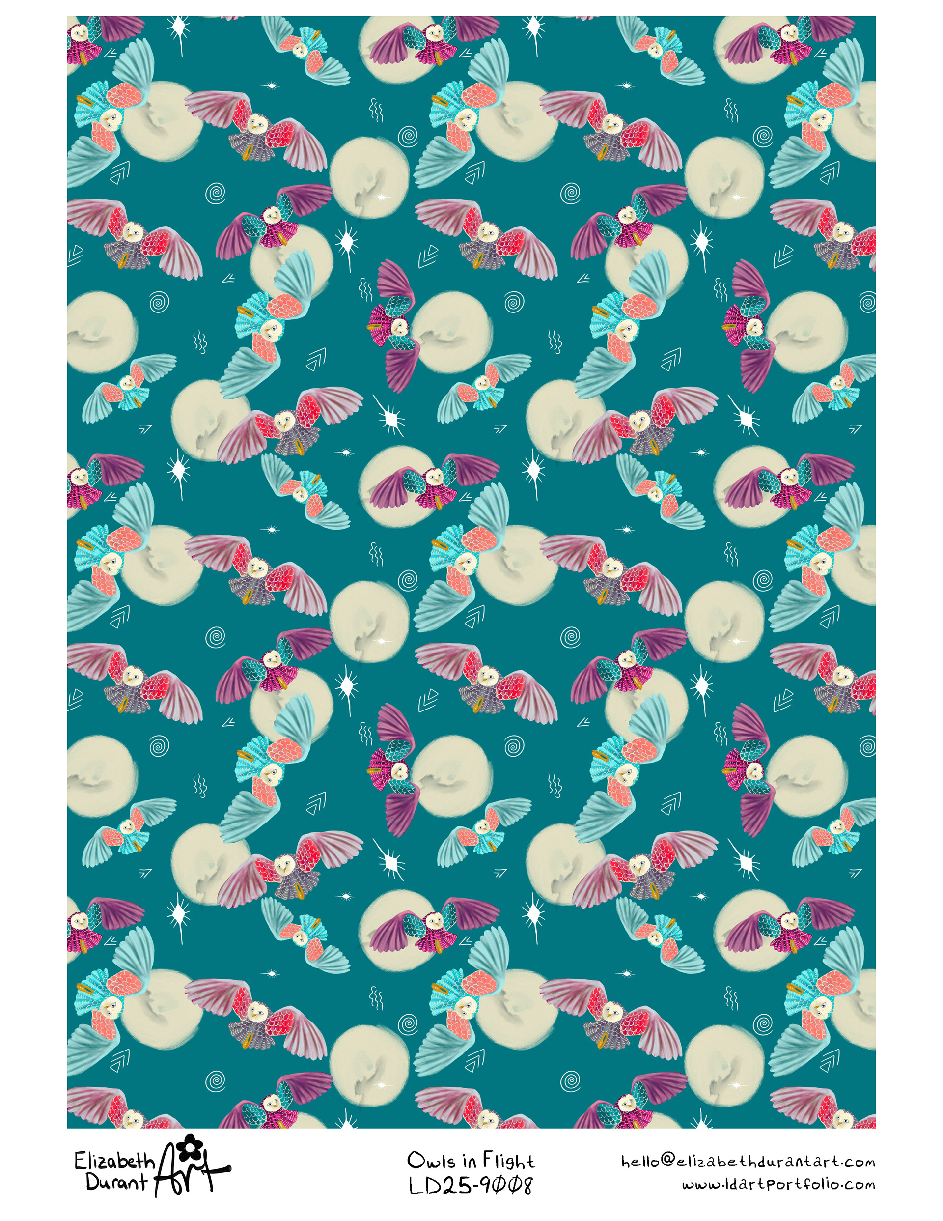 Owls in Flight  Brightly patterned owls swoop across a deep teal sky, surrounded by swirling details and glowing full moons, creating a sense of movement and nighttime wonder.