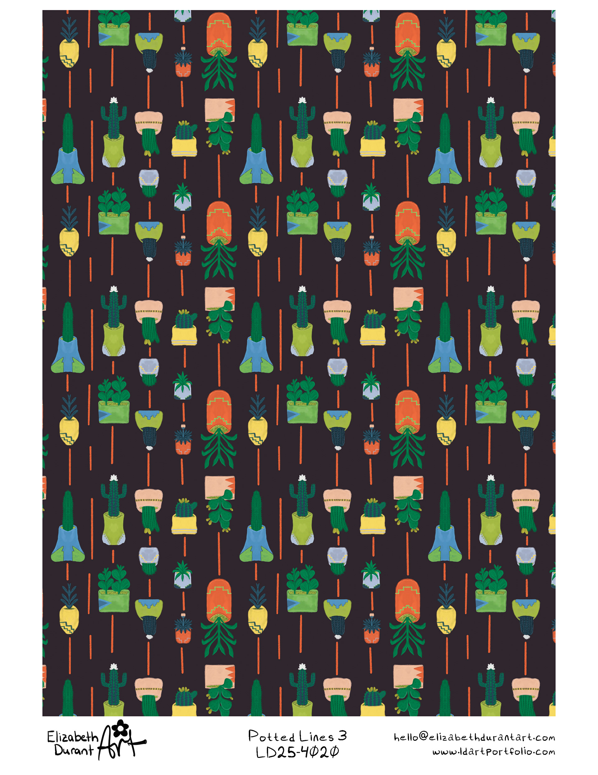 Potted Lines offers strong versatility with its repeat-friendly layout and cheerful desert motifs. The pattern adapts well across categories including stationery, packaging, fabric collections, gift wrap, and home goods.