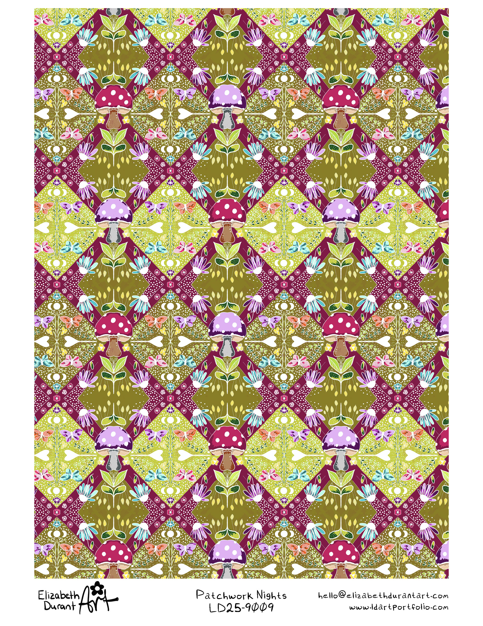 Patchwork Nights  A richly detailed forest patchwork filled with mushrooms, butterflies, hearts, and stylized greenery arranged in a geometric quilt-like layout. Both whimsical and intricate.
