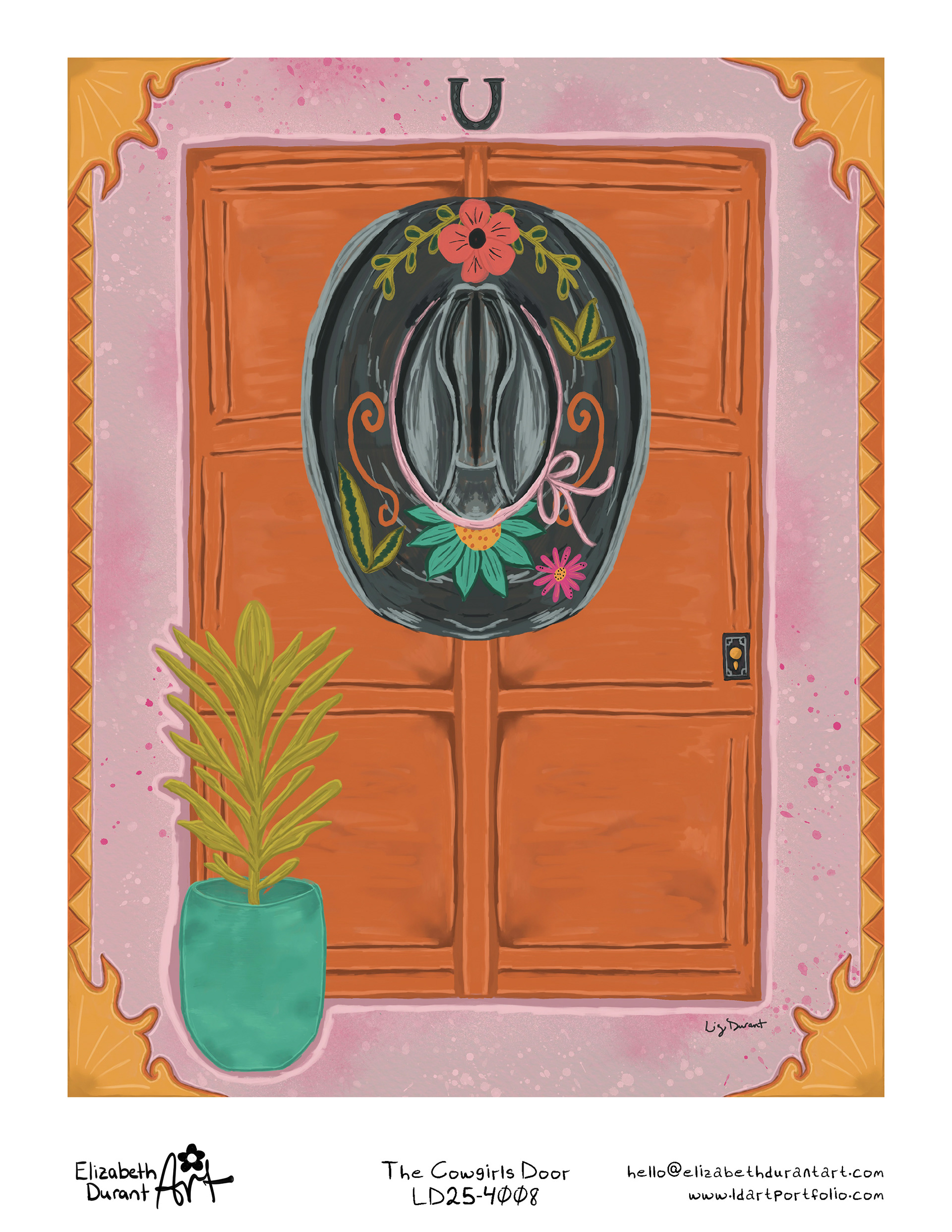 This illustration evokes home, tradition, and desert hospitality. With its symbolic details and bold color story, The Cowgirl’s Door is well suited for home décor, greeting cards, calendars, journals, and western-inspired lifestyle collections.