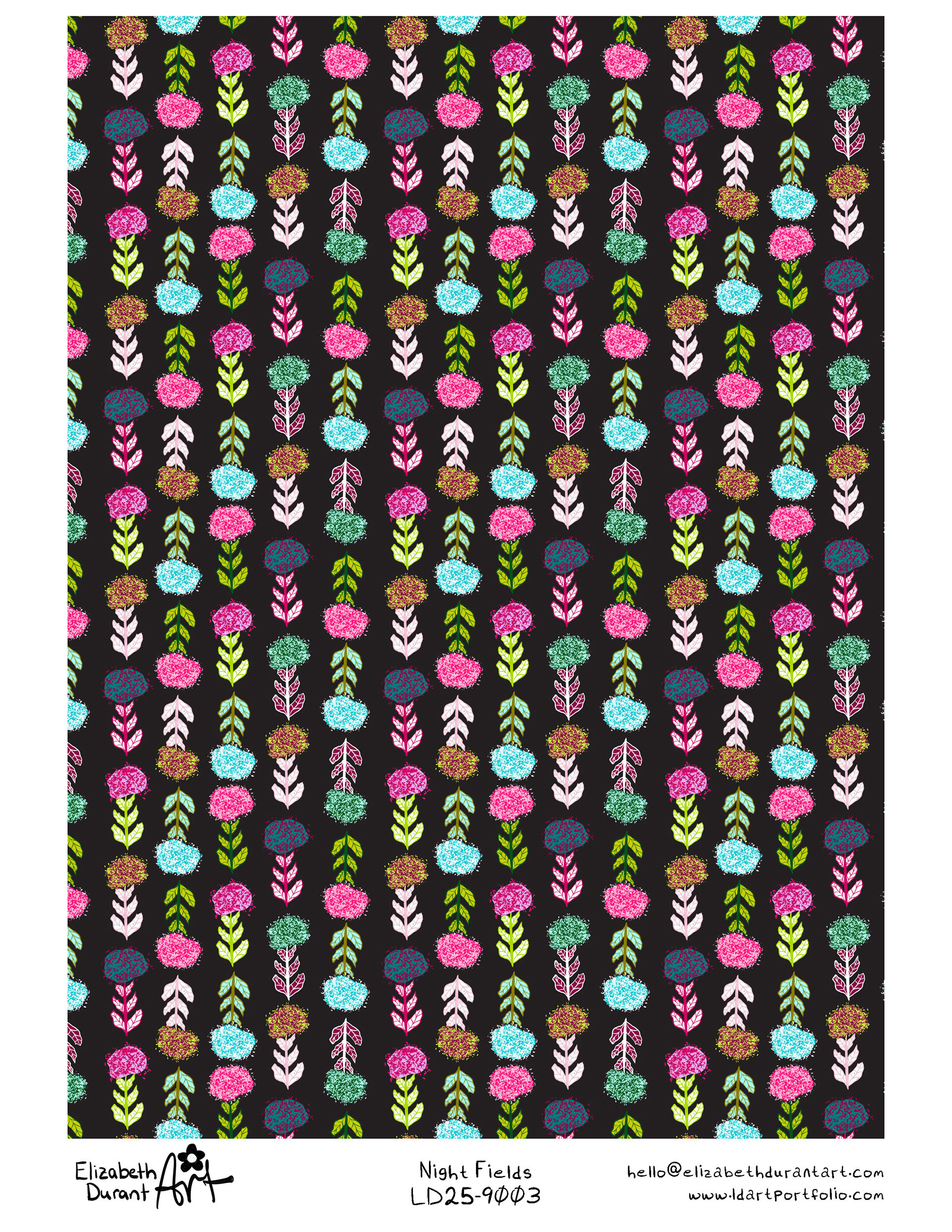 Night Fields  Vibrant, textured florals stand out against a dark background, creating a magical glowing-garden effect.