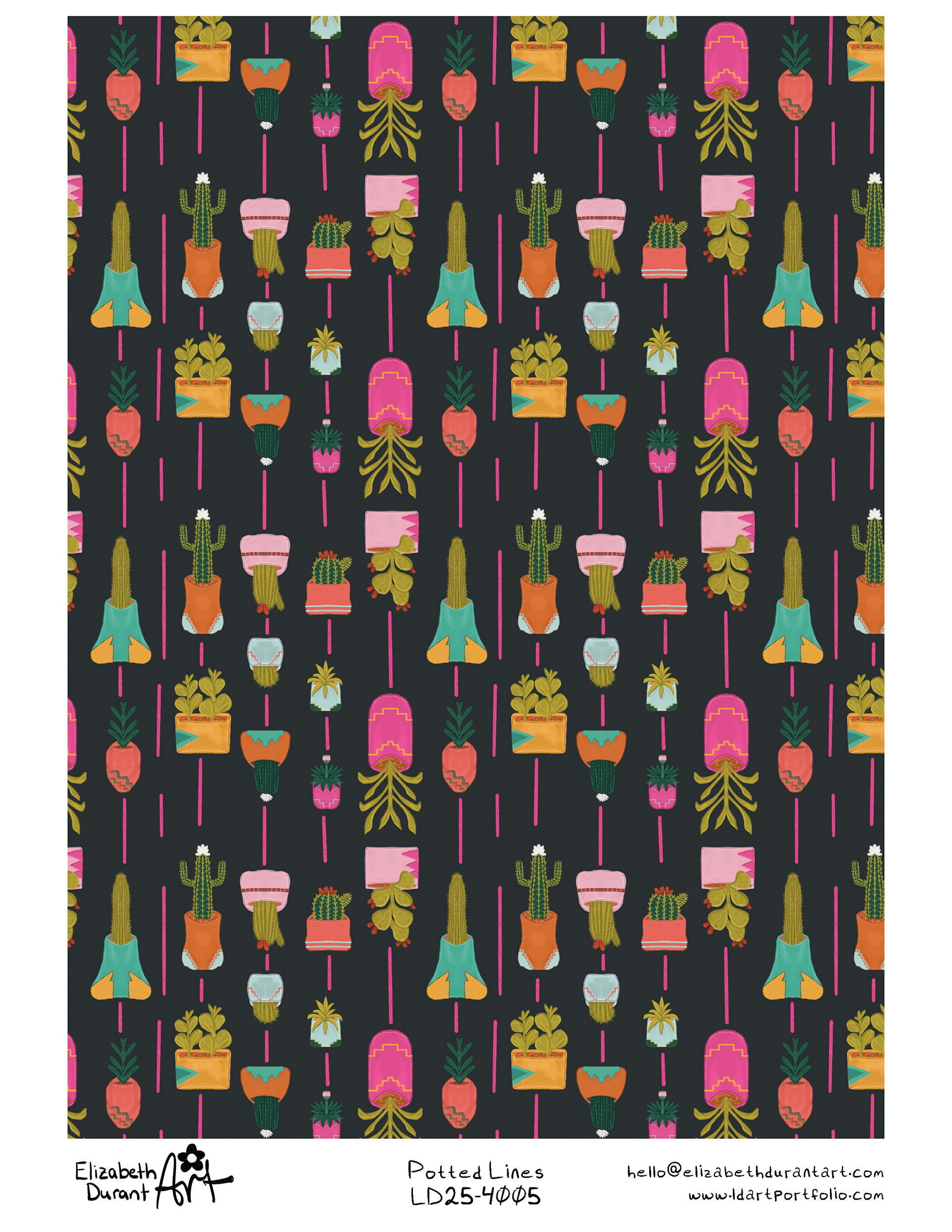 Potted Lines offers strong versatility with its repeat-friendly layout and cheerful desert motifs. The pattern adapts well across categories including stationery, packaging, fabric collections, gift wrap, and home goods.