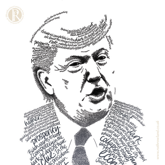 ©Ruth Rowland Lettering Artist & Illustrator - Election Cover Calligram Portrait Illustration for Aerial View Magazine: Trump (Detail)