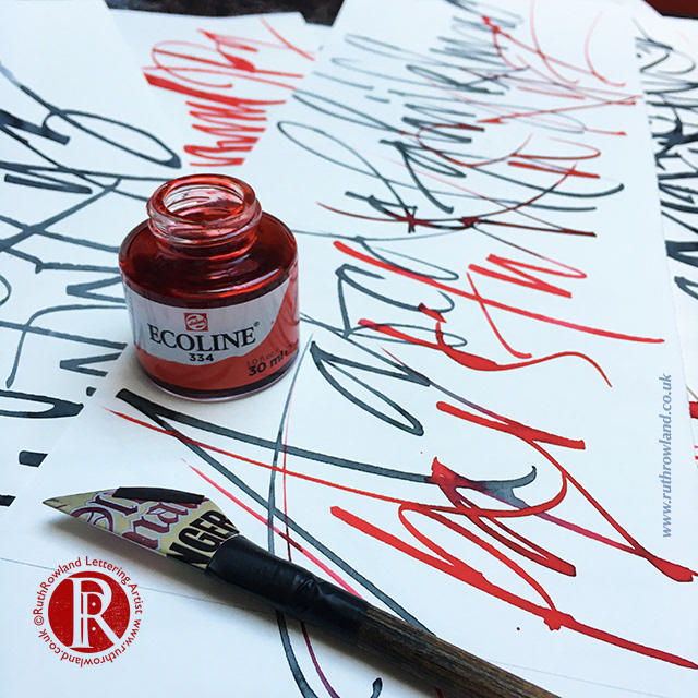 Cola Pen Calligraphy with Red and Grey Ecoline Ink