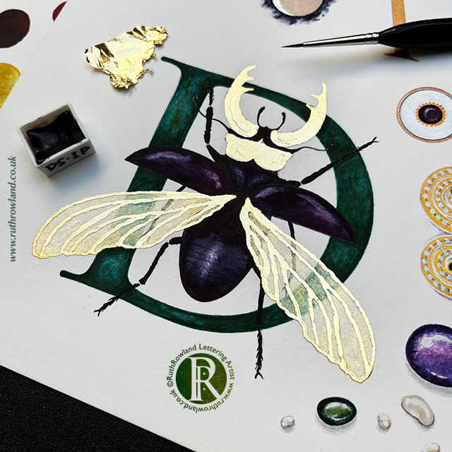 Lettering Artist UK London Ruth Rowland - Gilded Stag Beetle decorativewatercolour capital letter D with gold leaf on stage beetle illustration. Photo of worksheet on desktop with paint and brush