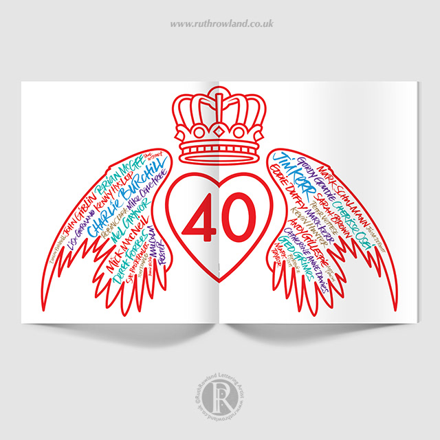 Hand Lettered Calligram for Winged Heart Double Page Spread: Simple Minds 40 Tour Book