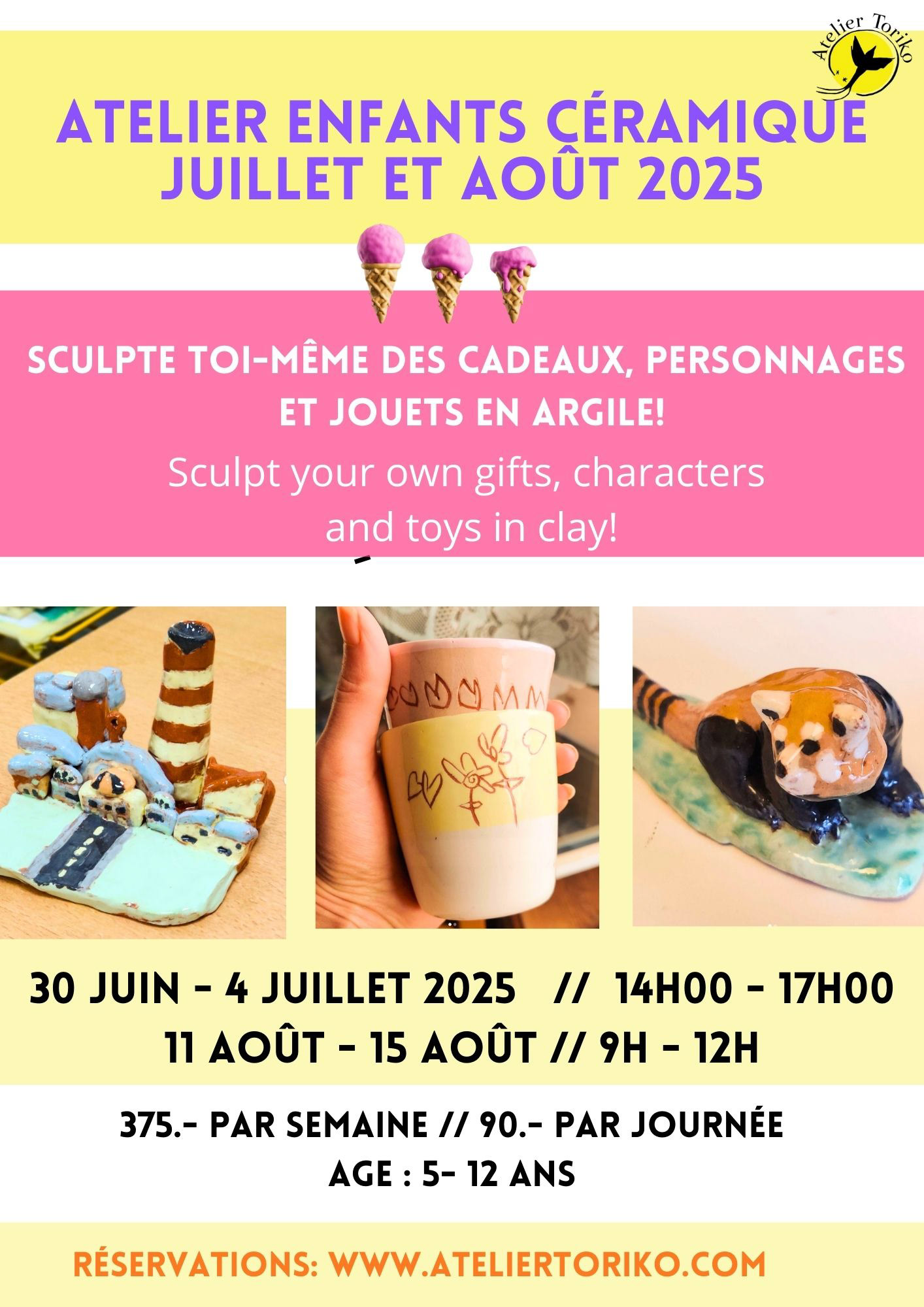 Durant ce stage de céramique, les enfants découvre les différentes techniques de façonnage et de décor, ainsi qu'une initiation au tour et au tournassage (une pièce par enfant durant la semaine). Genève stage enfant 2025