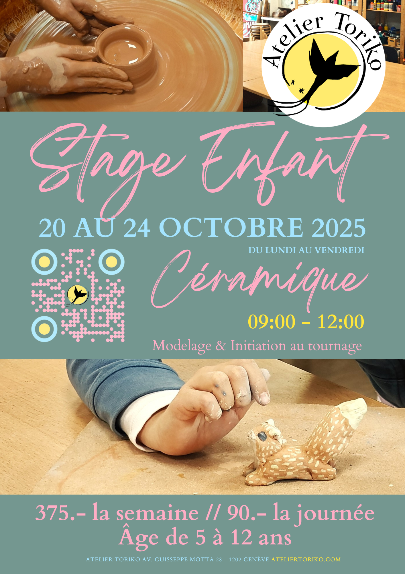 Durant ce stage de céramique, les enfants découvre les différentes techniques de façonnage et de décor, ainsi qu'une initiation au tour et au tournassage (une pièce par enfant durant la semaine). Genève stage enfant 2025