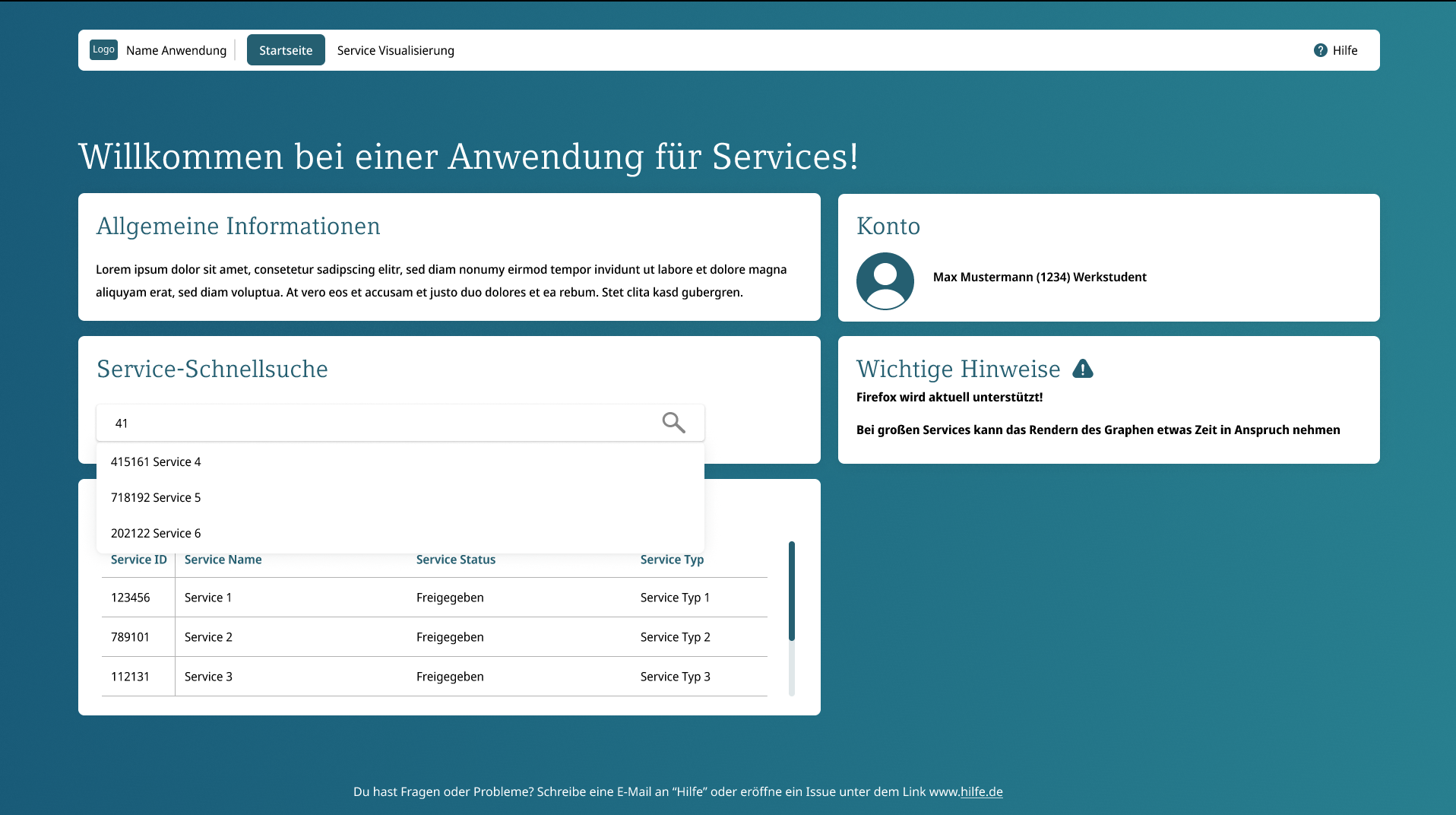 Startseite der Anwendung