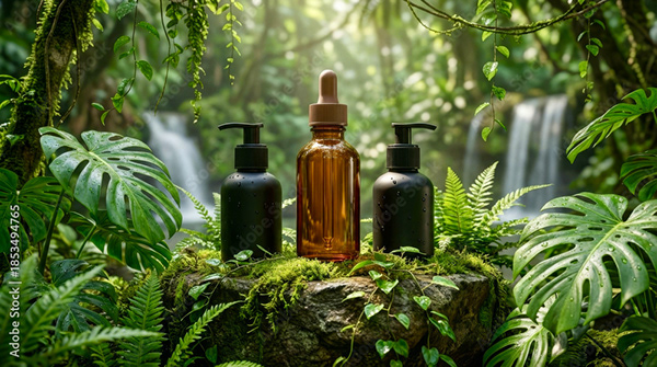 Herbal product bottles on a stone surrounded by lush rainforest plants and waterfalls