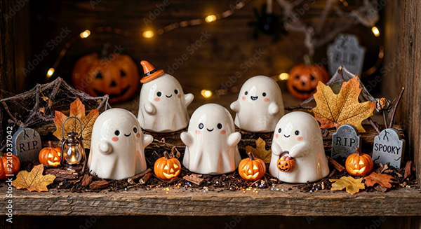 Cute white ceramic ghosts with Halloween pumpkins, autumn leaves, and warm lights
