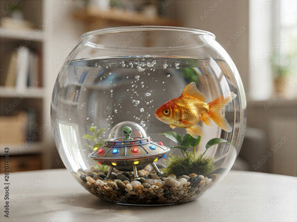Goldfish and a tiny UFO with an alien inside a fishbowl