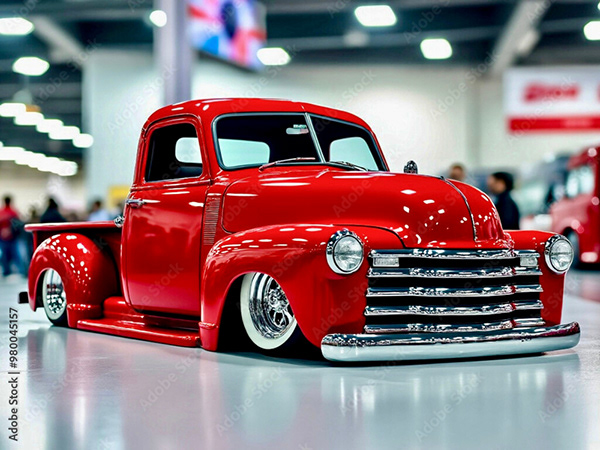 Red vintage lowered pickup truck at a show