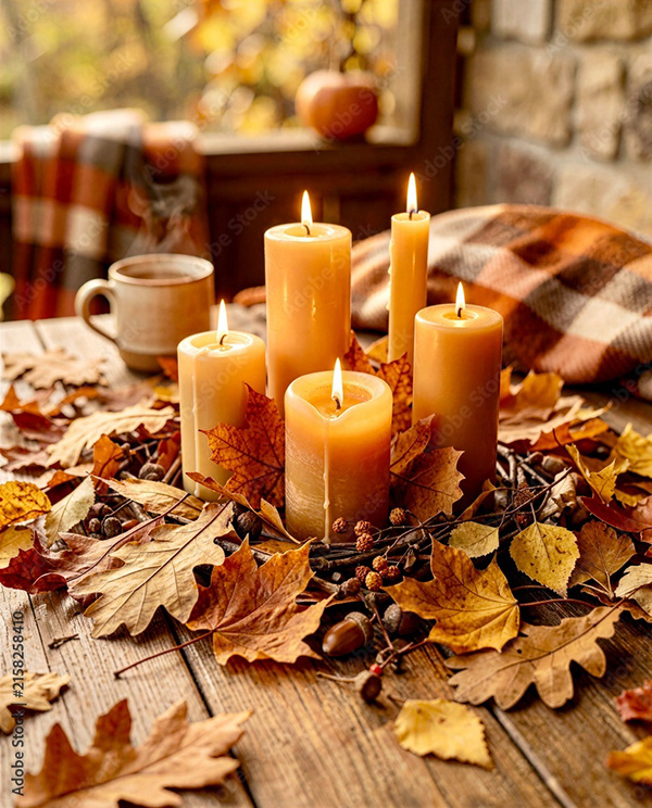 Glowing candles with fall leaves and acorns on a rustic table beside a plaid blanket