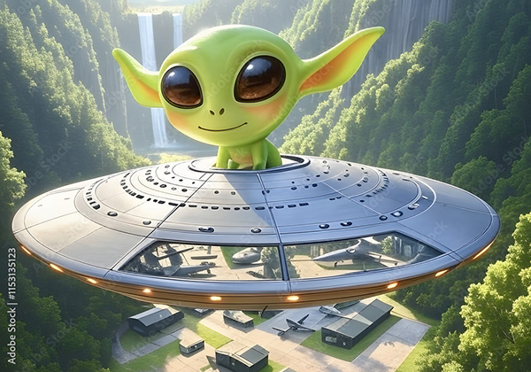 Alien child piloting a spaceship above a hidden military base and waterfalls