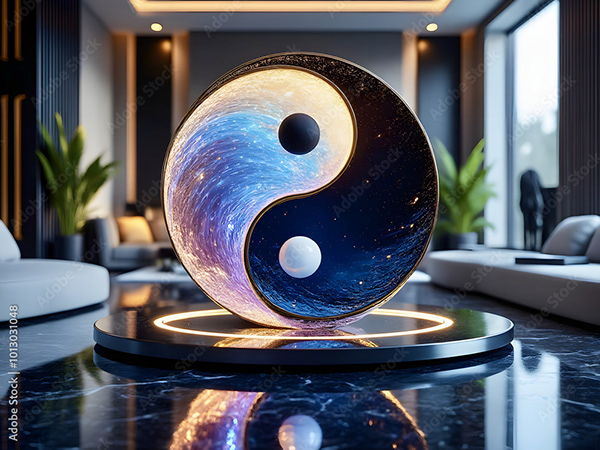 Illuminated yin-yang sculpture in a modern living room with greenery