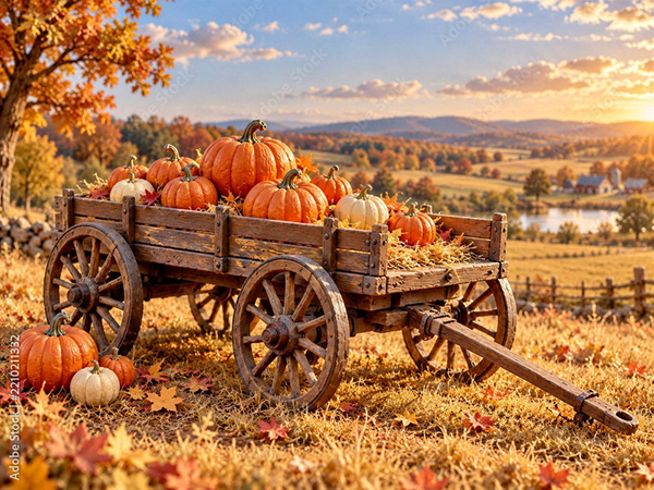 Rustic wooden harvest wagon filled with orange and white pumpkins in autumn countryside at golden hour