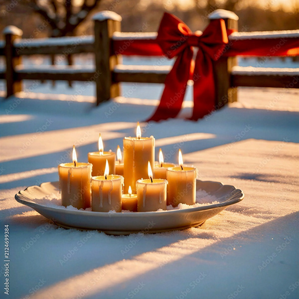 Candles on a plate in the snow beside a wooden fence with a red bow