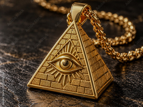 Gold pyramid pendant with an all-seeing eye and a luxury chain on dark stone