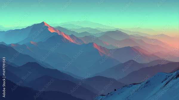 Layered mountain peaks beneath a glowing sunrise in orange and blue