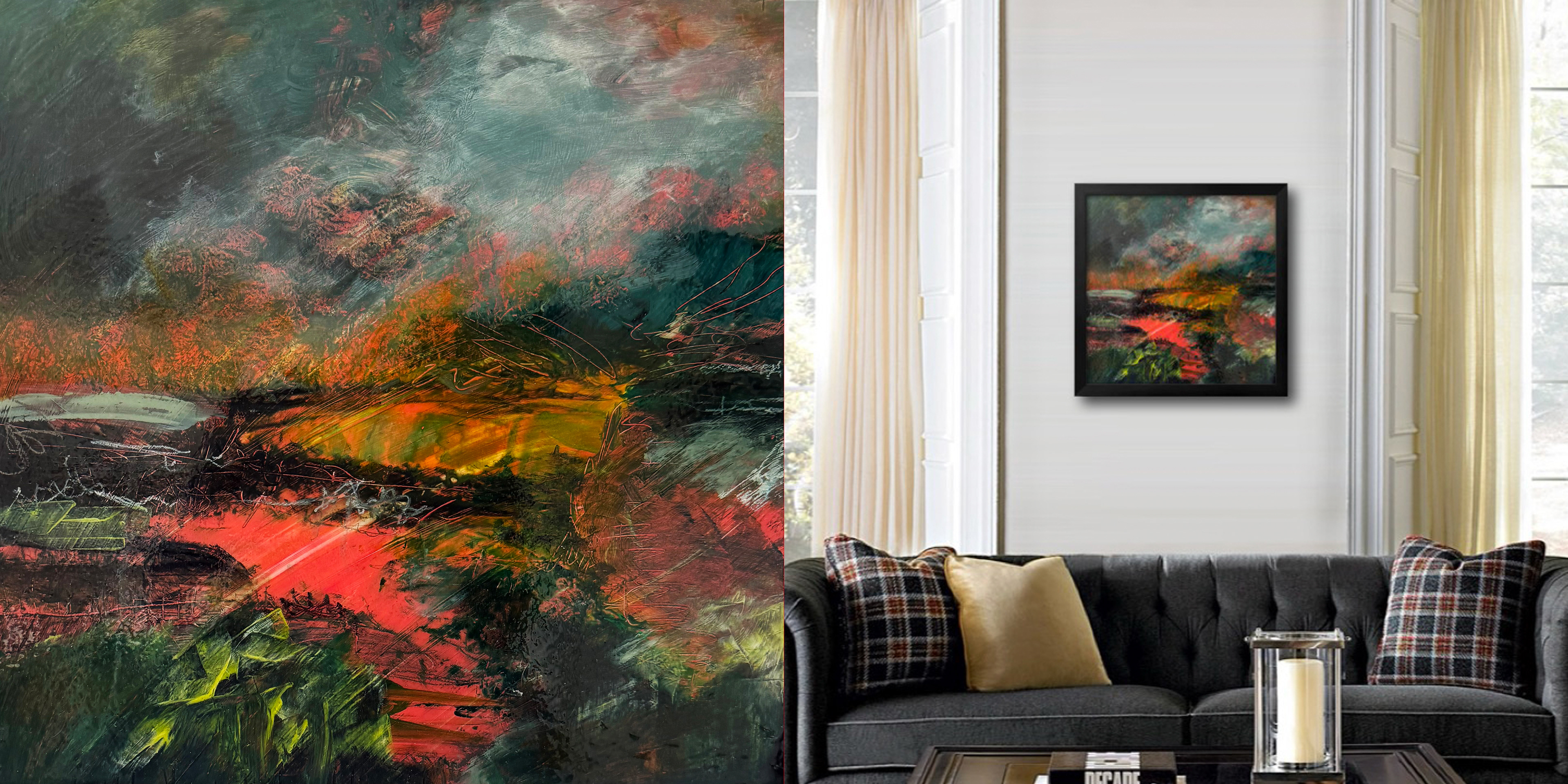 Abstract landscape for sale featuring a vibrant pink-ground panorama in acrylic and mixed media. Layers of bubblegum and fluorescent pink blend with soft landscape shapes, creating a warm, glowing horizon. Painted instinctively in a joyful, unfiltered session, this contemporary artwork radiates spontaneity, discovery, and uplifting colour.