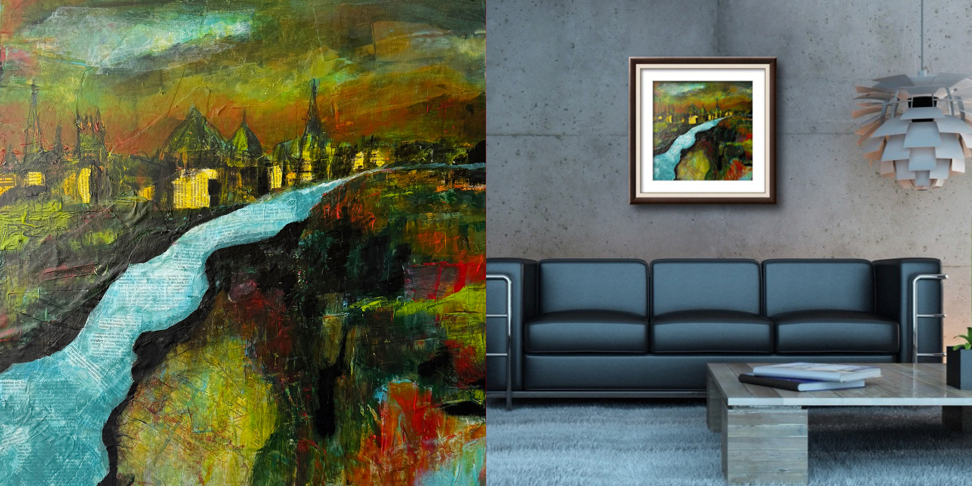 Abstract landscape for sale inspired by Oxford’s dreaming spires, featuring collaged maps and dictionary text in a luminous nighttime cityscape. Acrylic and mixed media capture the magic of the River Isis, glowing windows, and swirling skies, blending history, imagination, and a sense of home.