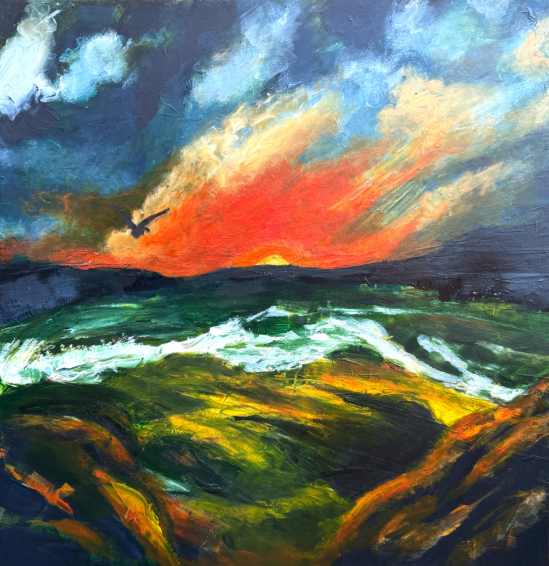 Emotional semi-abstract painting with vivid sunset colours and layered meaning, from romantic memory to global disillusionment, by Rachel Gabriel