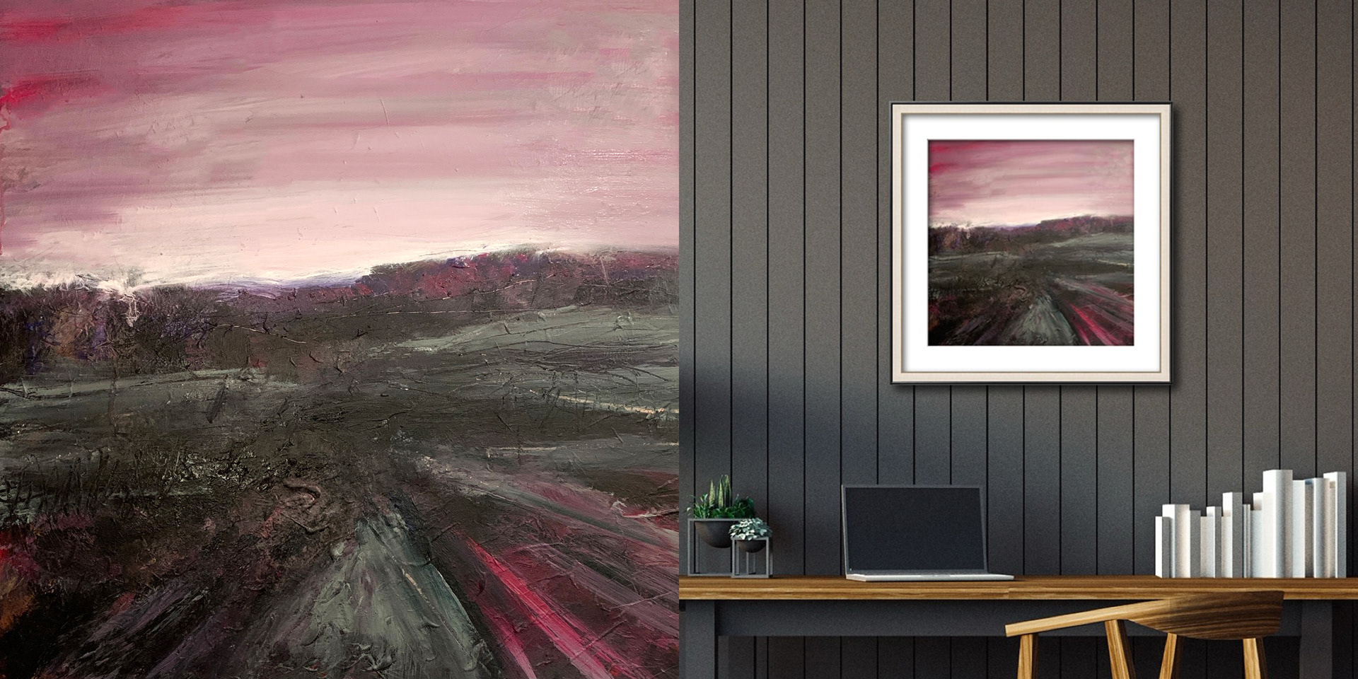 Expressive semi-abstract painting by Rachel Gabriel blending humour, intuition, and a once-dreaded purple palette into a powerful imagined landscape