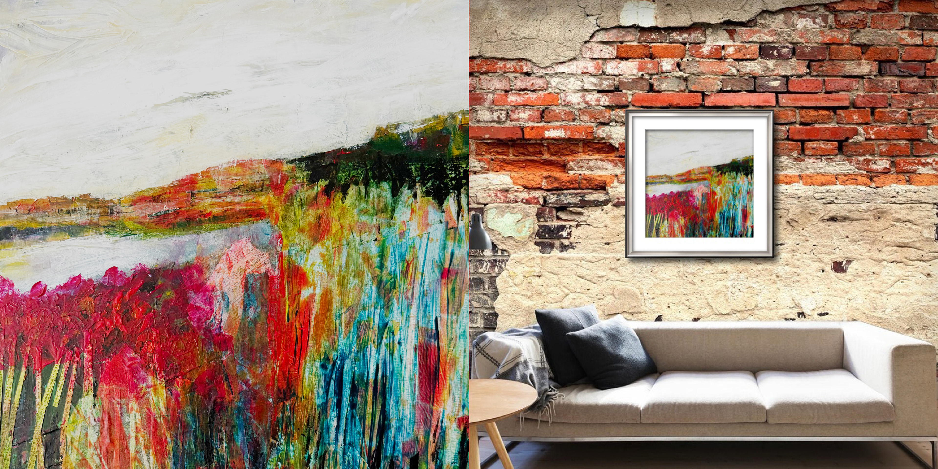 Abstract landscape for sale with collaged floral stems made from vintage book pages, blending storytelling and nature. Painted in acrylic and mixed media, this layered composition features mono-printed tissue flowers against a textured, colourful backdrop, symbolising creativity blooming after loss and change.