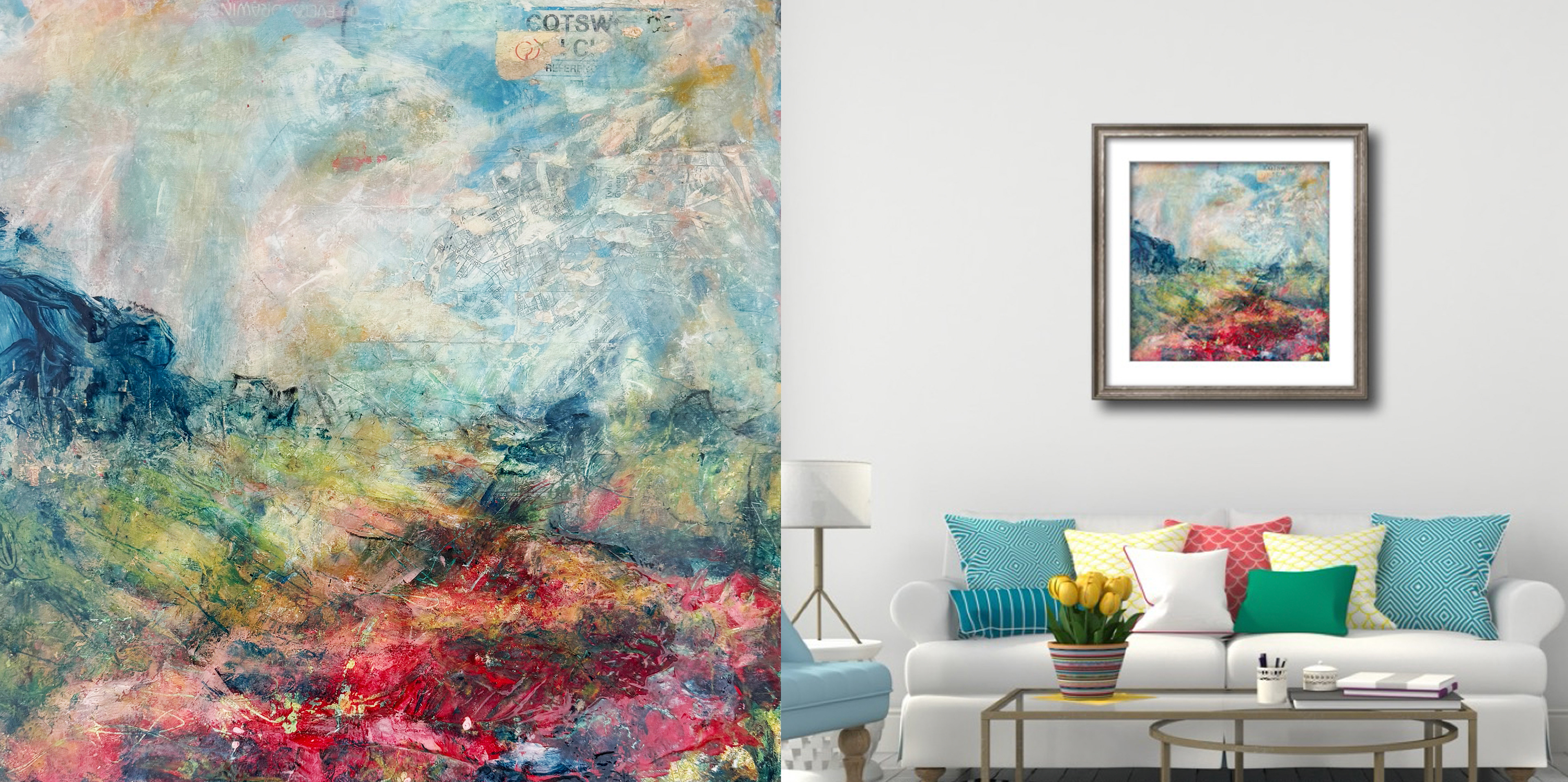 Abstract landscape for sale featuring a vibrant, mixed-media depiction of the Cotswolds, with bold blue hills, red valleys, and textured collage from vintage maps. Inspired by the artist’s recovery from illness and longing for colour, this joyful and imaginative countryside scene blends acrylic paint and paper on wood panel in a contemporary, expressive style.