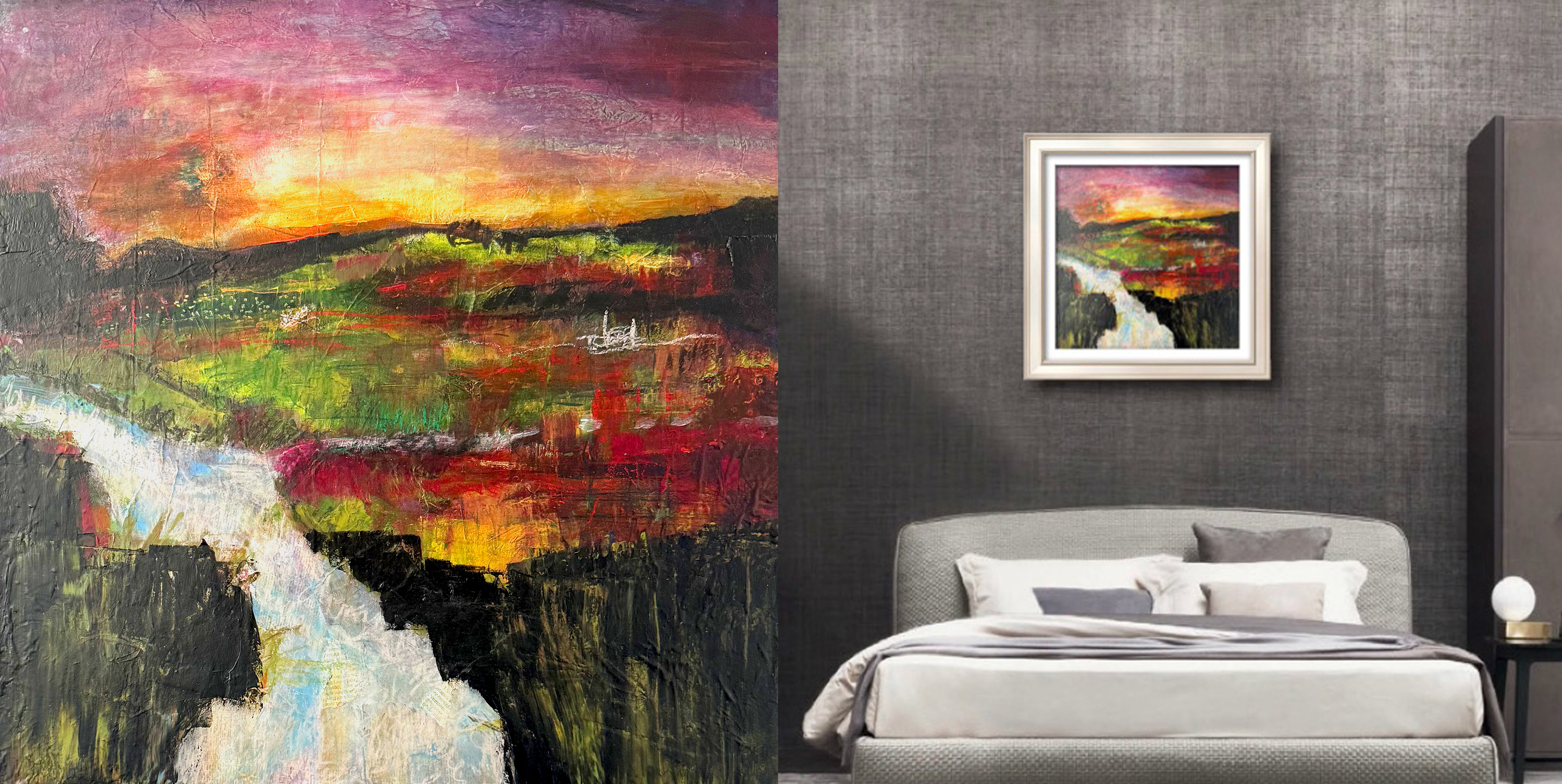 Abstract landscape for sale with a dusky, light-fading river scene in layered acrylic and mixed media. Created as a tribute after the death of a lifelong friend, the artwork combines deep blues, muted golds, and soft light to convey grief, remembrance, and enduring hope. A contemporary, emotive river painting with textured details and hidden handwritten messages.