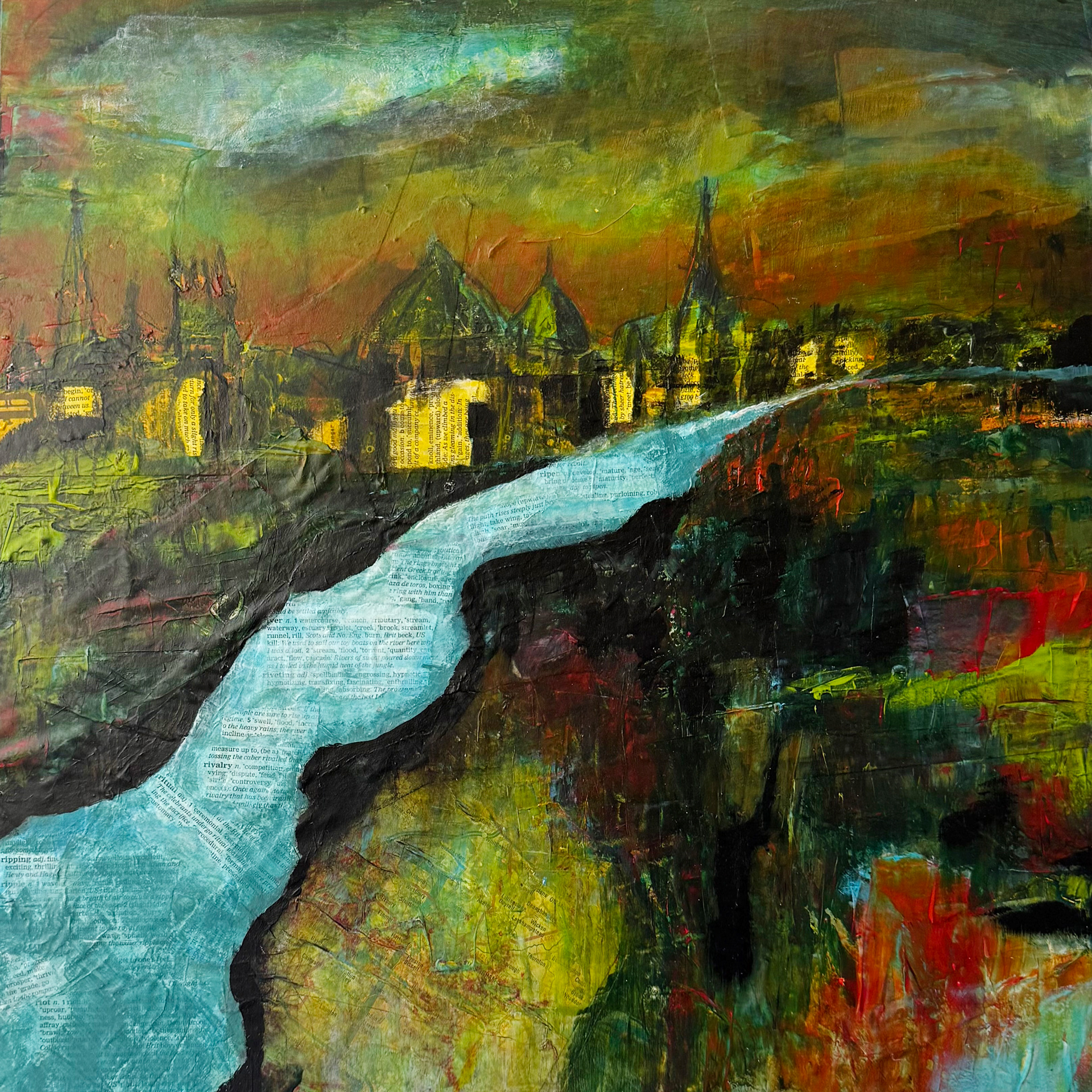 Magical semi-abstract landscape painting ‘Isis In Wonderland’ by Rachel Gabriel, featuring Oxford cityscape with collage maps and Oxford English Dictionary text in mixed media
