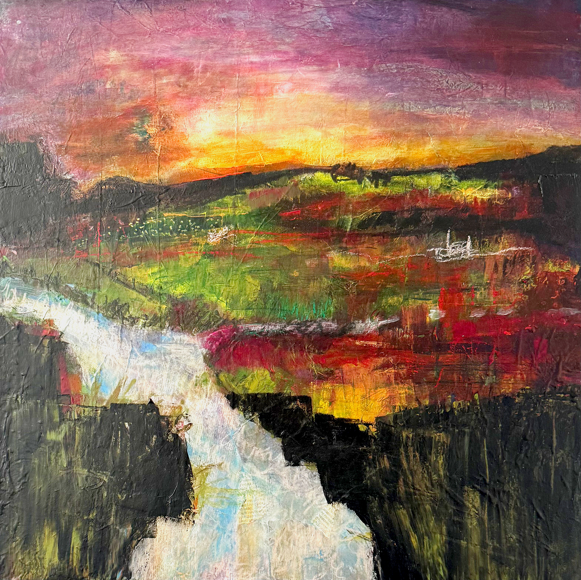 Semi-abstract mixed media painting ‘See You in the Everywhere’ by Rachel Gabriel, expressing grief, love, and healing through textured layers, dusky mood, and river symbolism