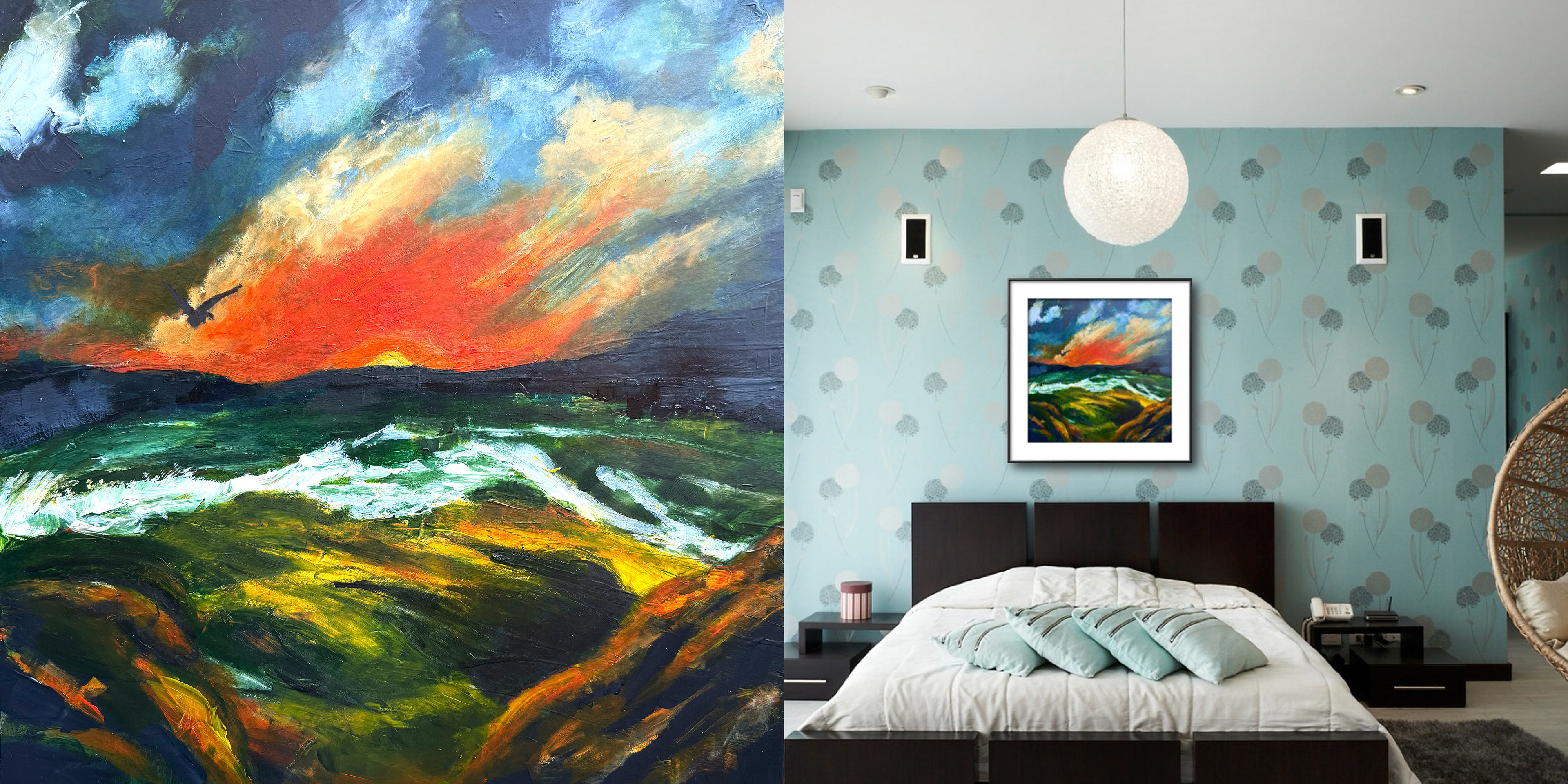 Abstract landscape for sale with fiery red and gold sunset over deep blue waters, inspired by both romantic beauty and global unrest. Acrylic and mixed media seascape symbolises hope and resilience amid political and environmental turmoil.
