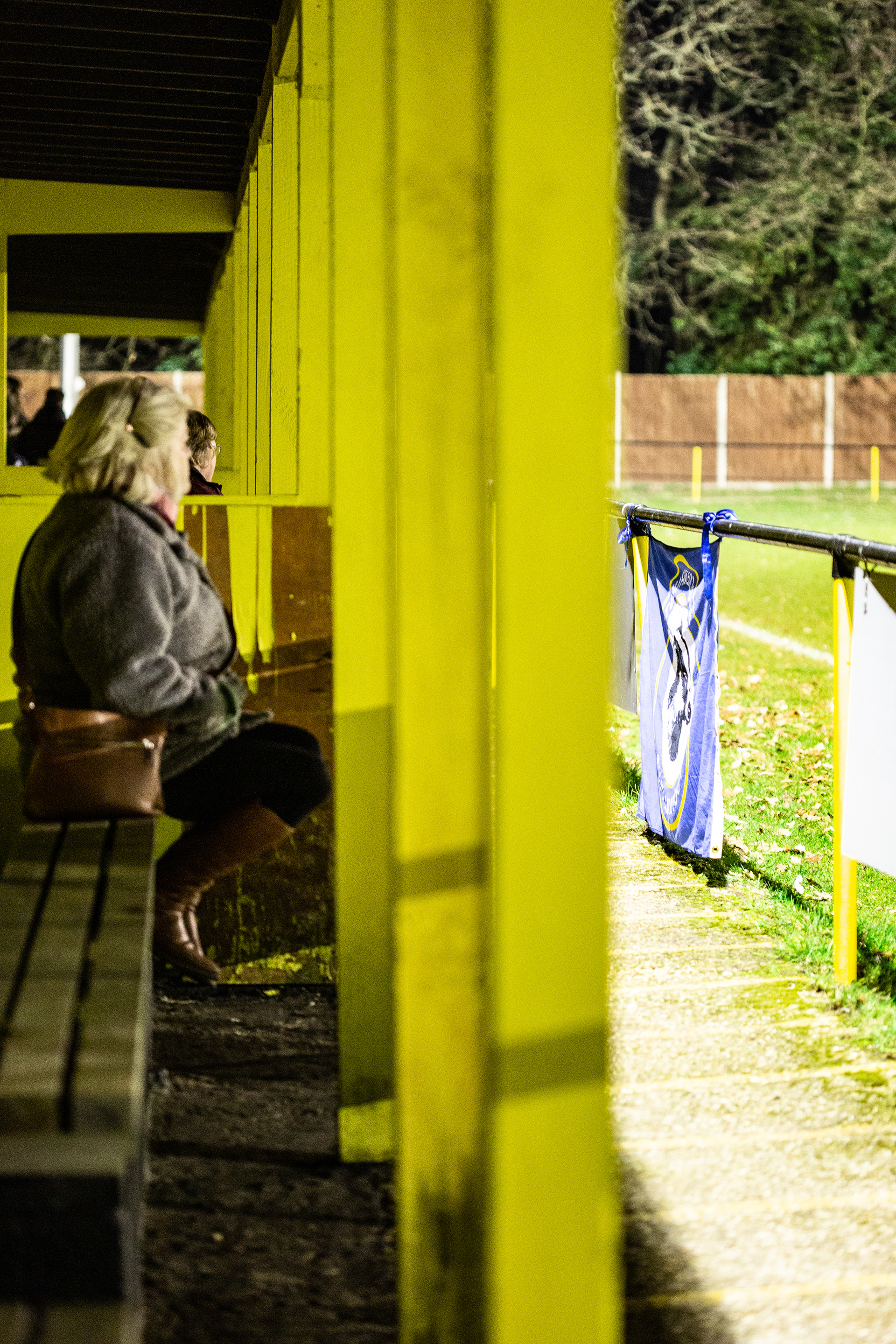 Supporters sit in the long low stand at Hamble Club